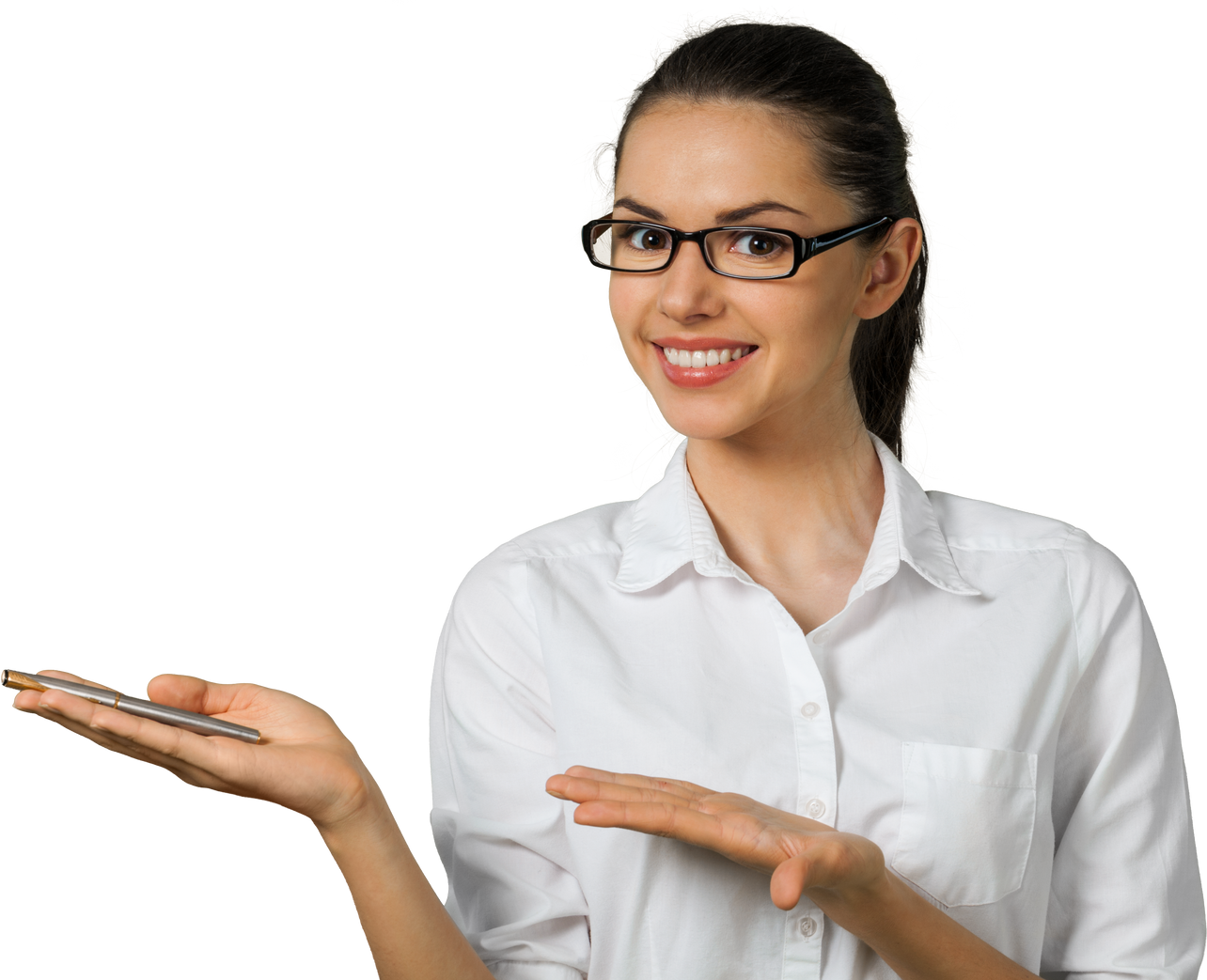 Friendly Young Woman Holding Pen and Pointing with Palm - Isolated